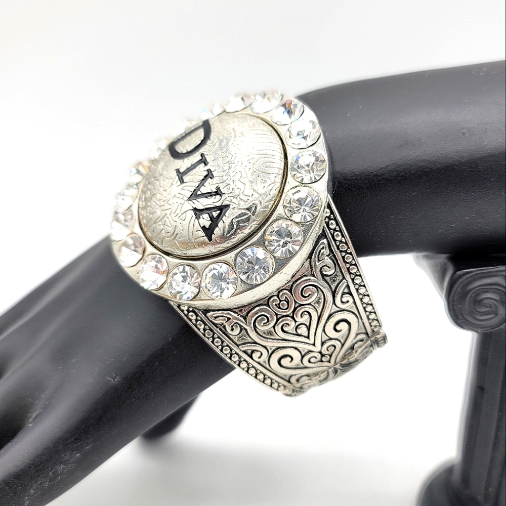 Diva Rhinestone Engraved Statement Wide Cuff Spring Bangle Bracelet - Picture 1 of 9